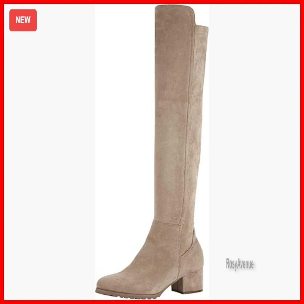 Chunky Low Heel Over The Knee Boots, Faux Suede, Side Zip, Memory Foam